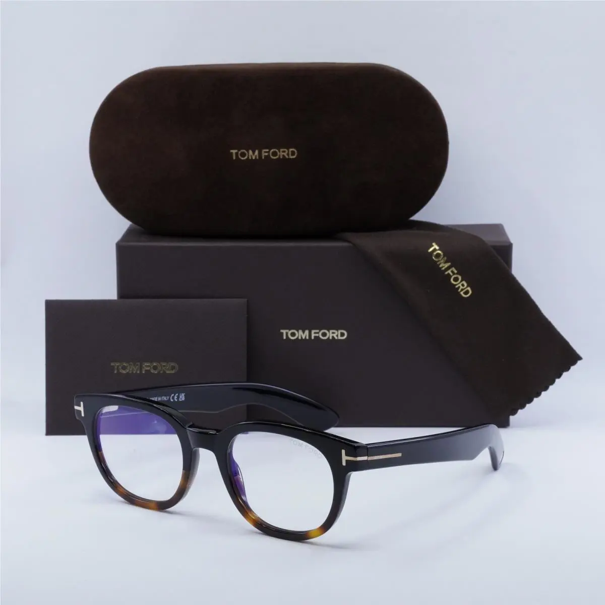 Tom Ford Men`s Round Blue Block 50mm Eyeglasses Frames Black Havana FT5807-B-005