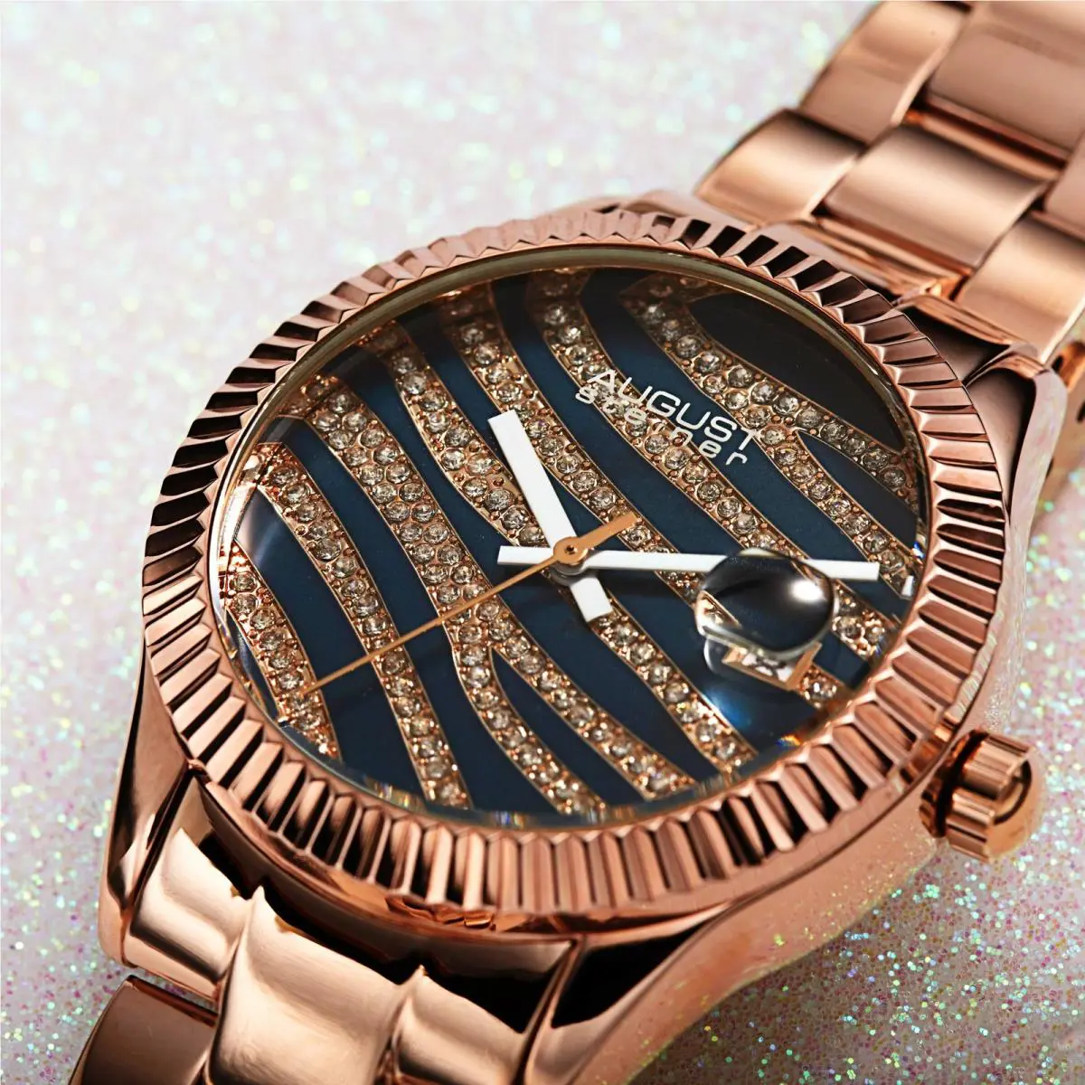 Women`s  AS8276 Zebra Grooved Crystal Date Stainless Steel Watch Rose Gold by August Steiner