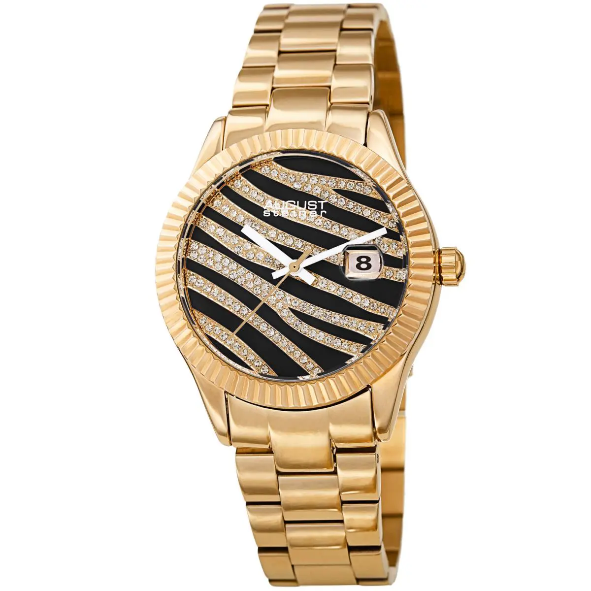 Women`s  AS8276 Zebra Grooved Crystal Date Stainless Steel Watch Yellow Gold by August Steiner