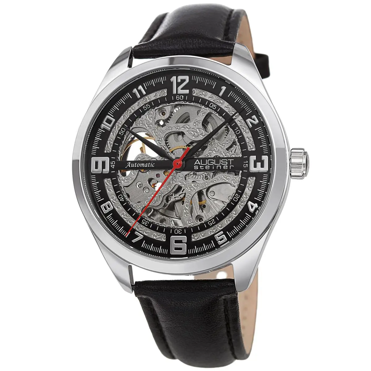 Men`s  AS8264 Skeleton Automatic Movement Leather Strap Watch Black by August Steiner
