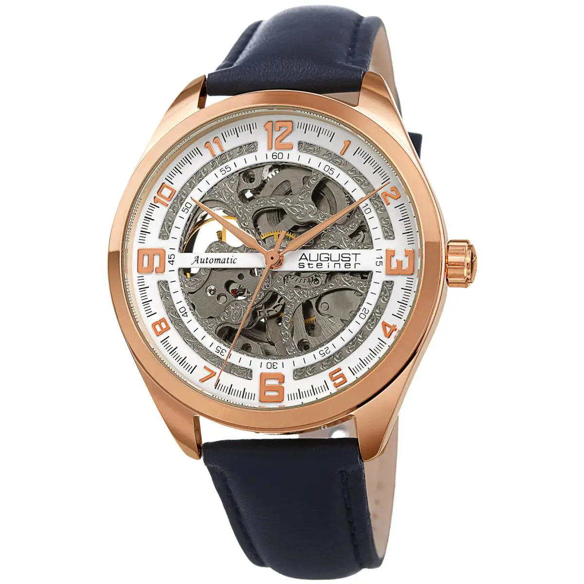 Men`s  AS8264 Skeleton Automatic Movement Leather Strap Watch Blue by August Steiner