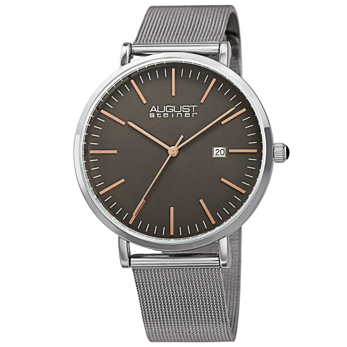 Men`s AS8283 Quartz Date Stainless Steel Mesh Bracelet Watch Silver Tone by August Steiner