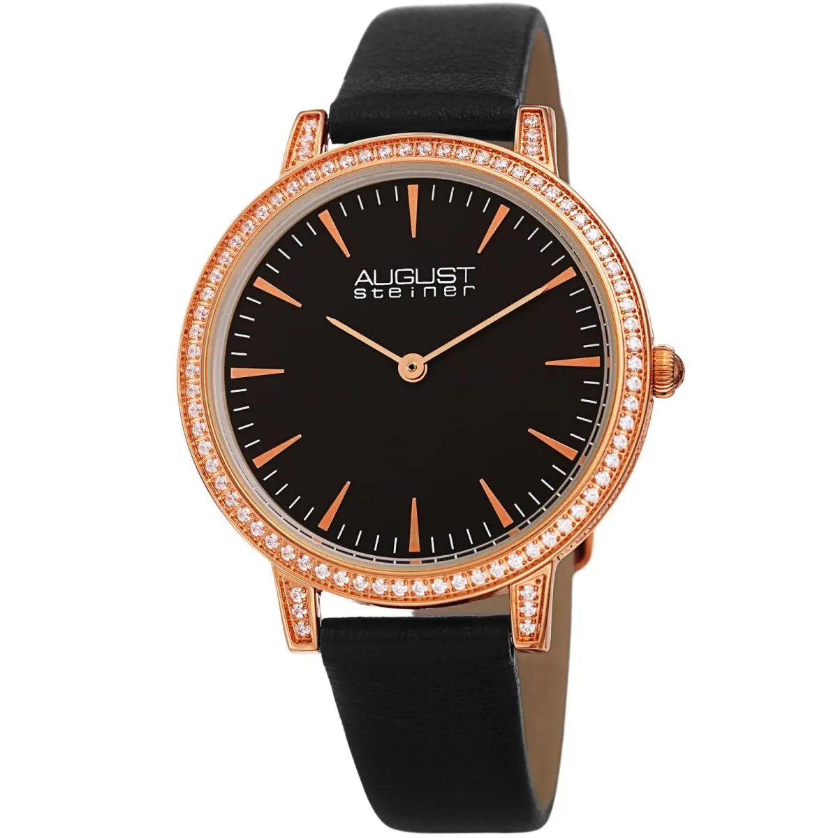Women`s  AS8274 Quartz CZ Crystal Leather Strap Watch Black by August Steiner