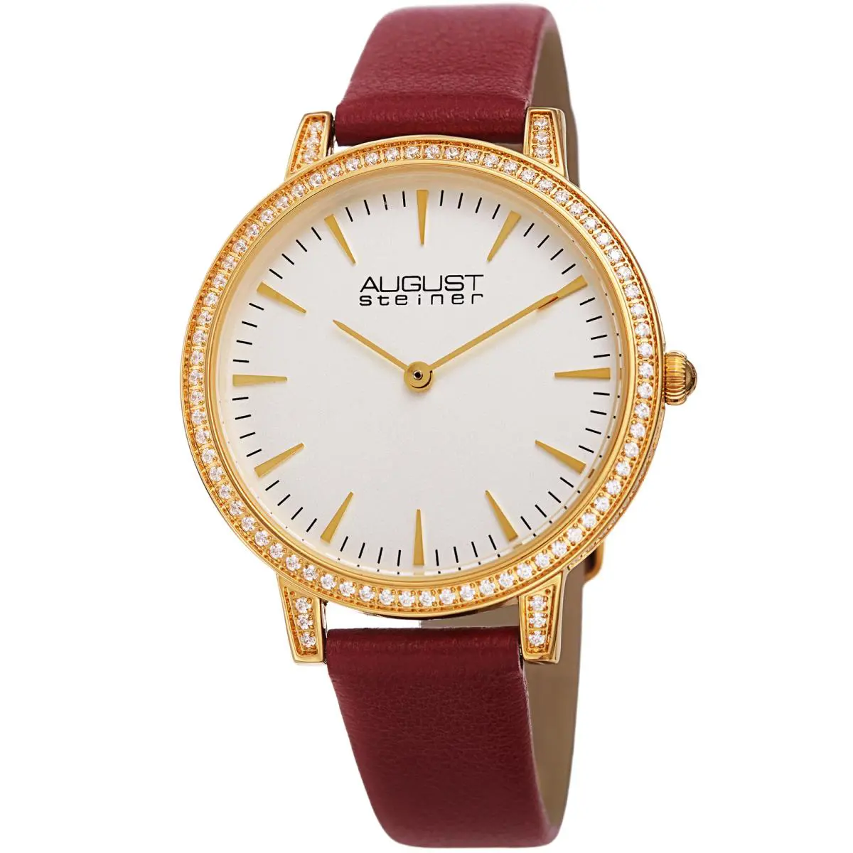 Women`s  AS8274 Quartz CZ Crystal Leather Strap Watch Burgundy by August Steiner