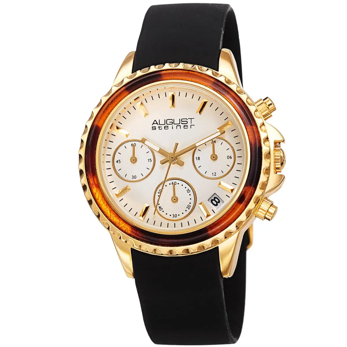 Women`s  AS8268 Quartz Chronograph Date Silicone Strap Watch Black/Gold by August Steiner