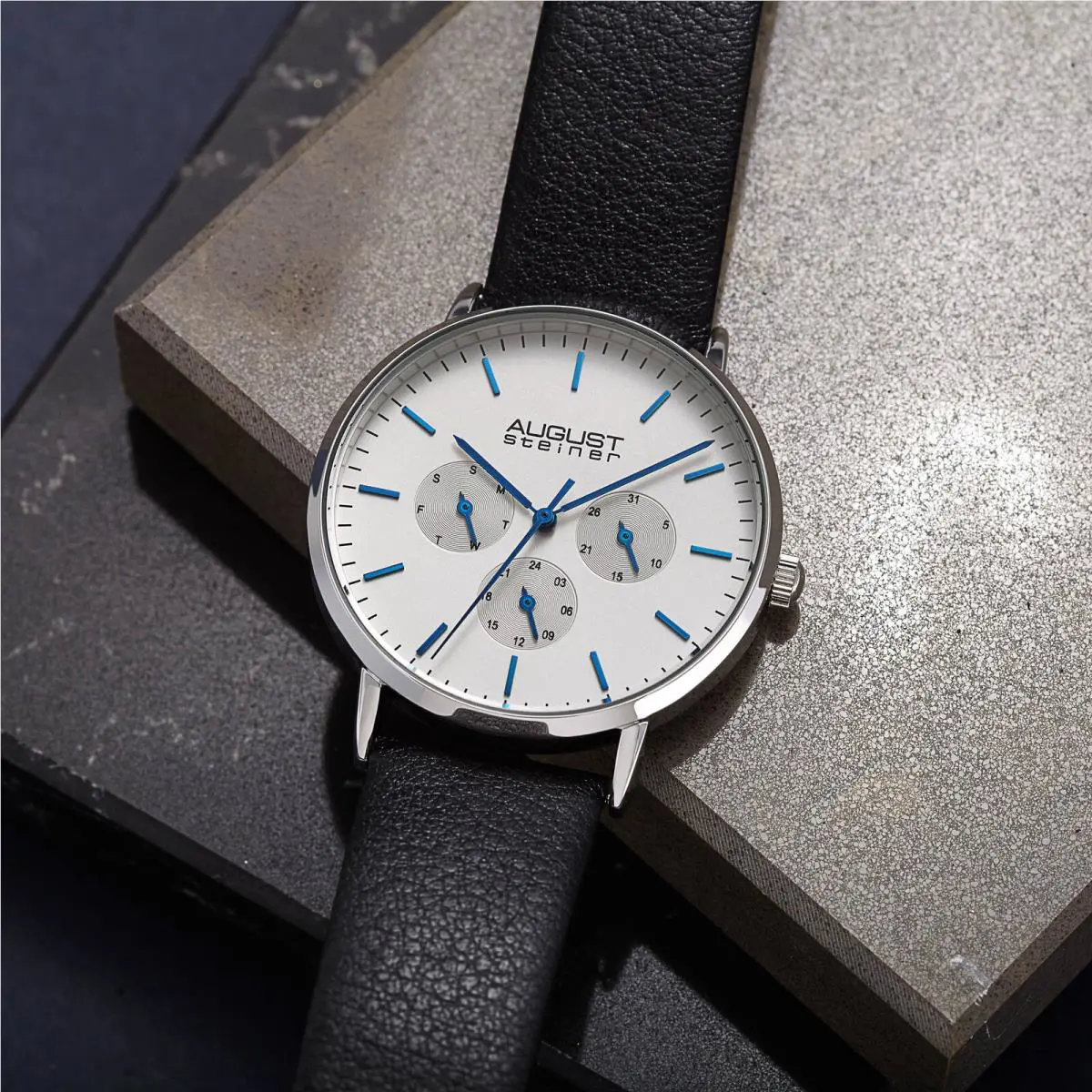 Men`s  AS8256 Multifunction Day Date 24hr Leather Strap Watch Black Strap by August Steiner