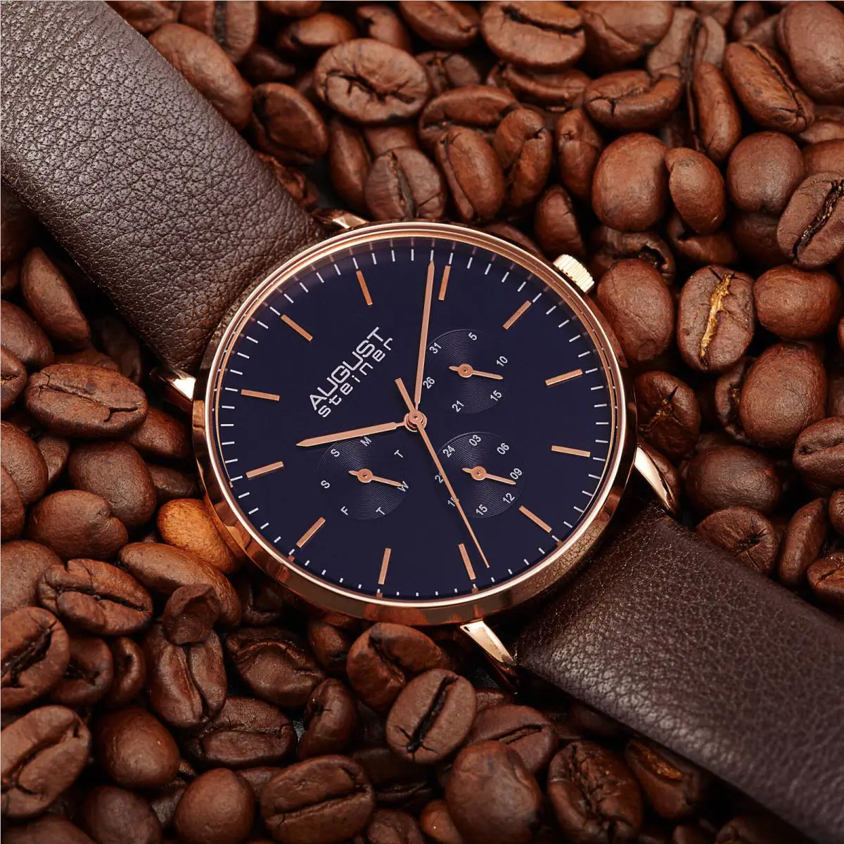 Men`s  AS8256 Multifunction Day Date 24hr Leather Strap Watch Rose Gold Case by August Steiner