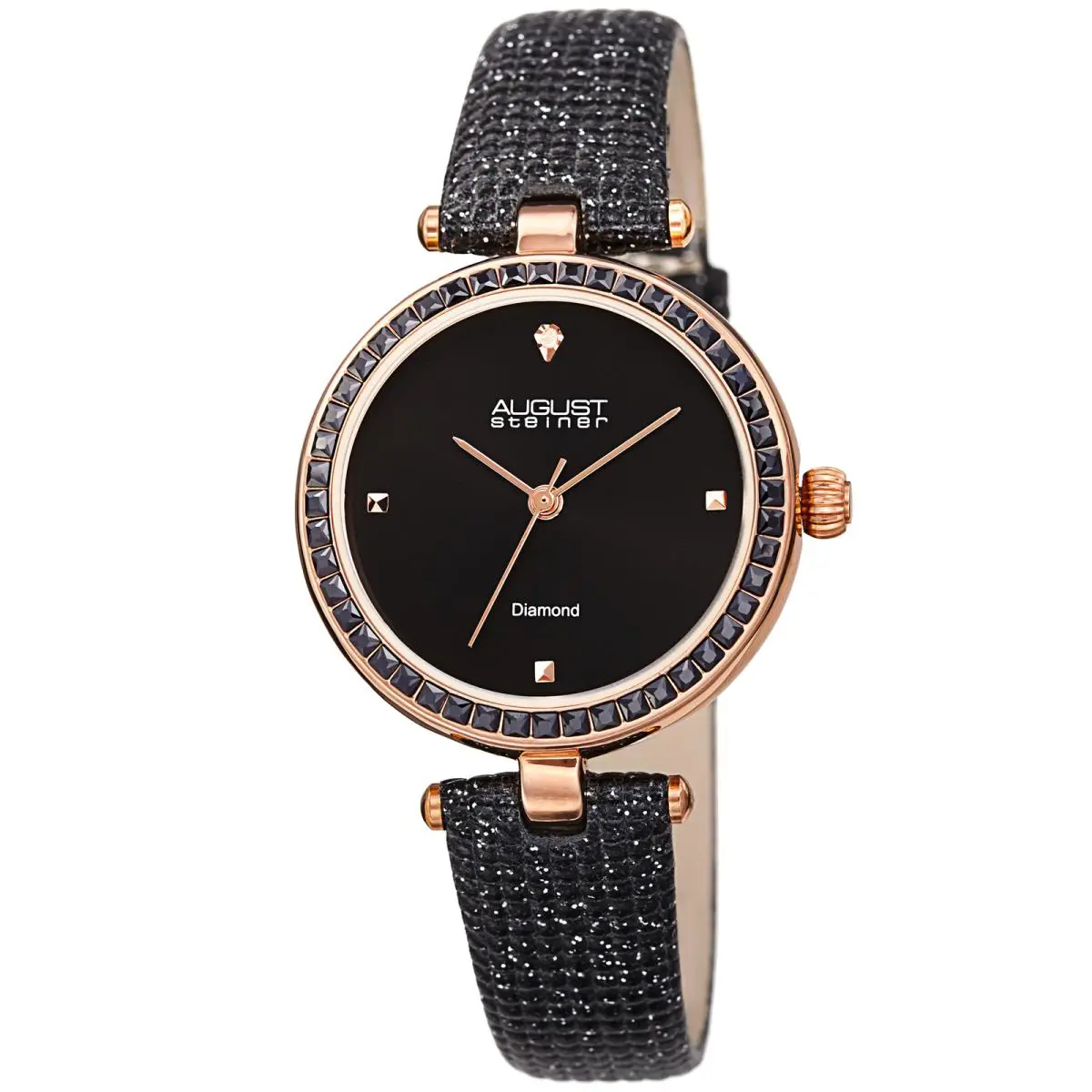 Women`s AS8280 Diamond Baguette Crystals Textured Leather Watch Black by August Steiner