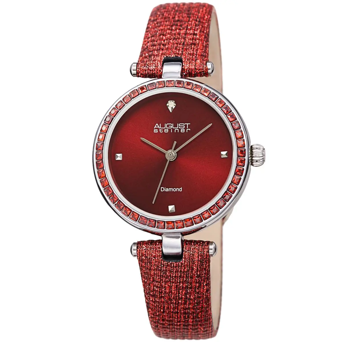 Women`s AS8280 Diamond Baguette Crystals Textured Leather Watch Red by August Steiner