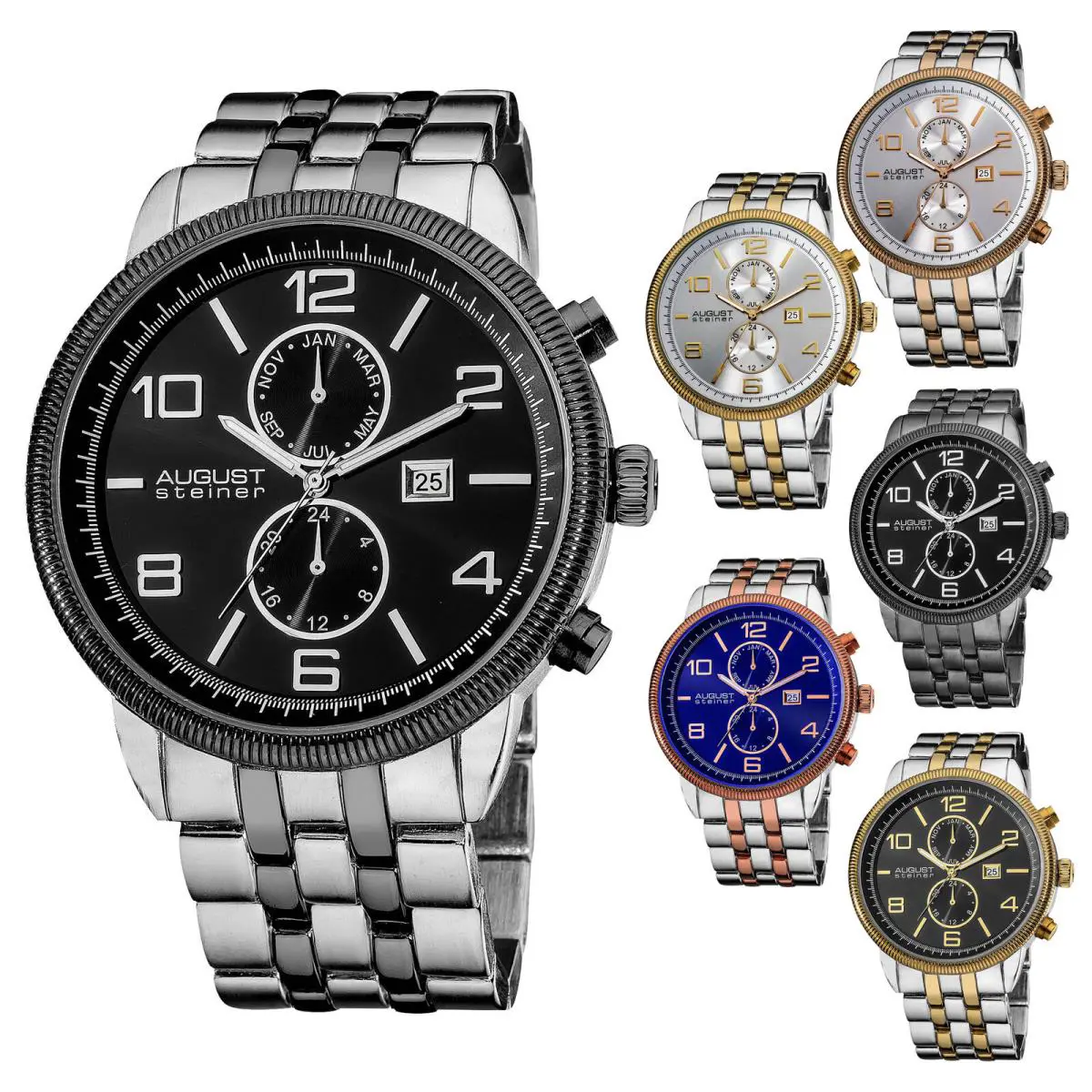 Men`s August Steiner AS8069 Swiss Quartz Multifunction Coin Edge Bezel Watch Stainless Steel Black