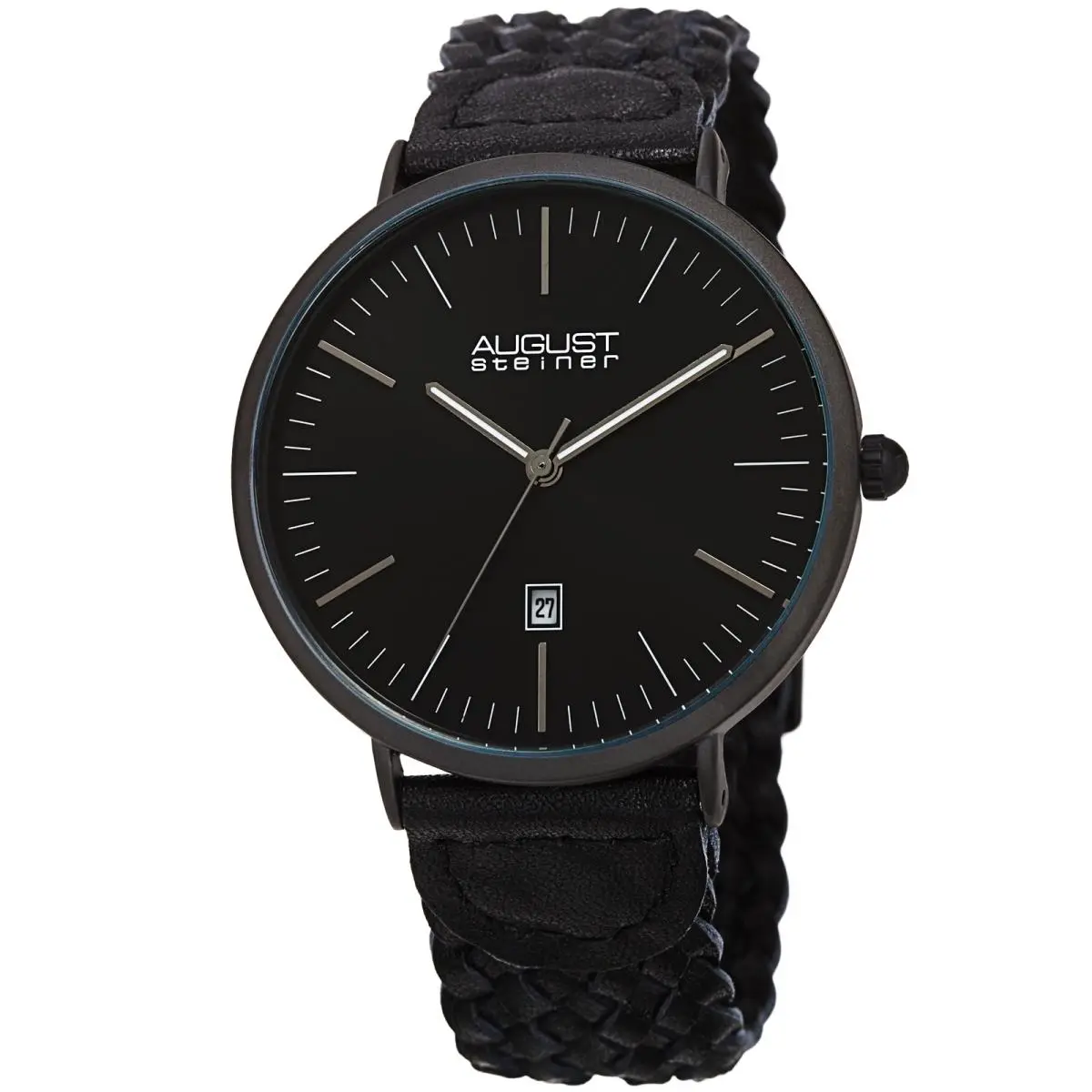 Men`s AS8293 Quartz Slim Date Braided Leather Strap Watch Black by August Steiner