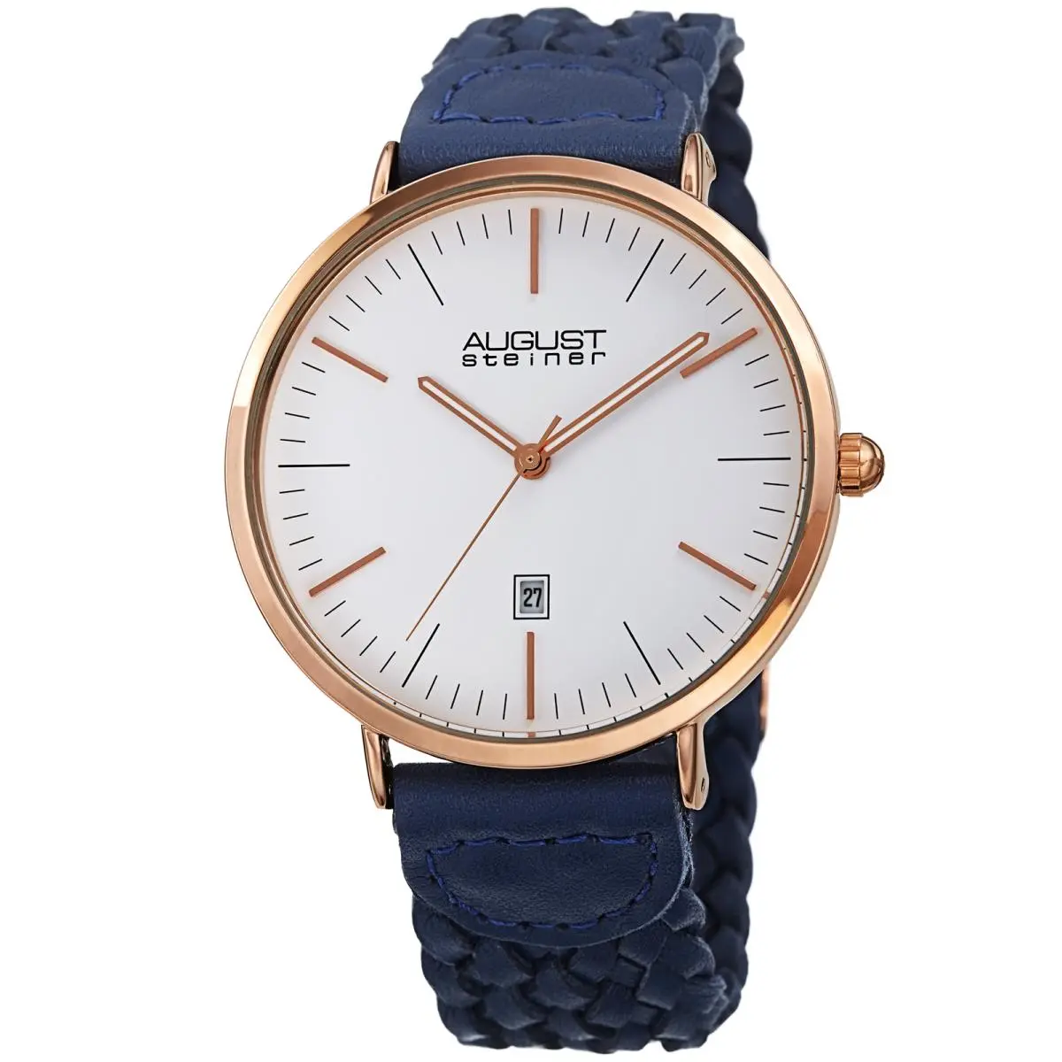 Men`s AS8293 Quartz Slim Date Braided Leather Strap Watch Blue by August Steiner