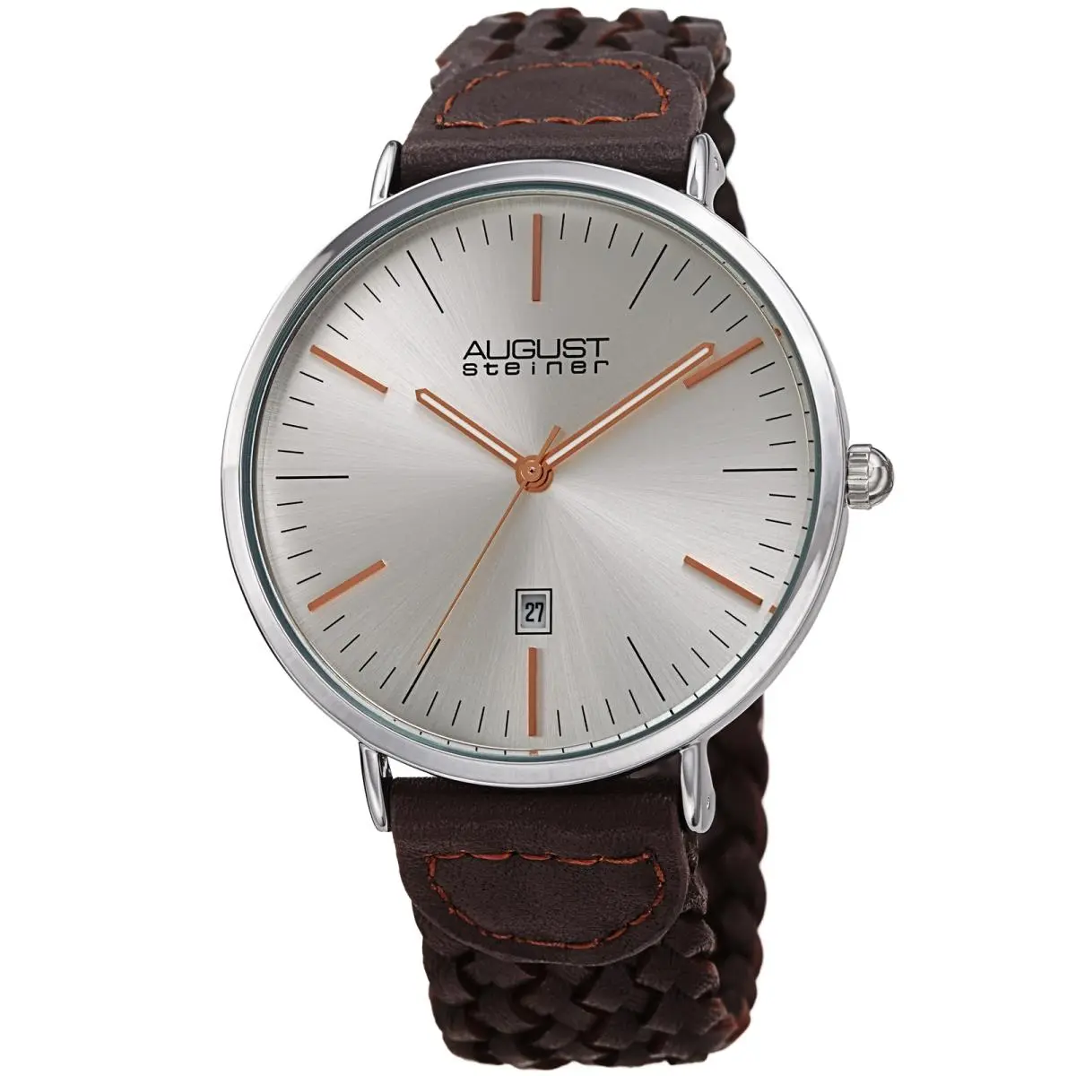 Men`s AS8293 Quartz Slim Date Braided Leather Strap Watch Brown by August Steiner