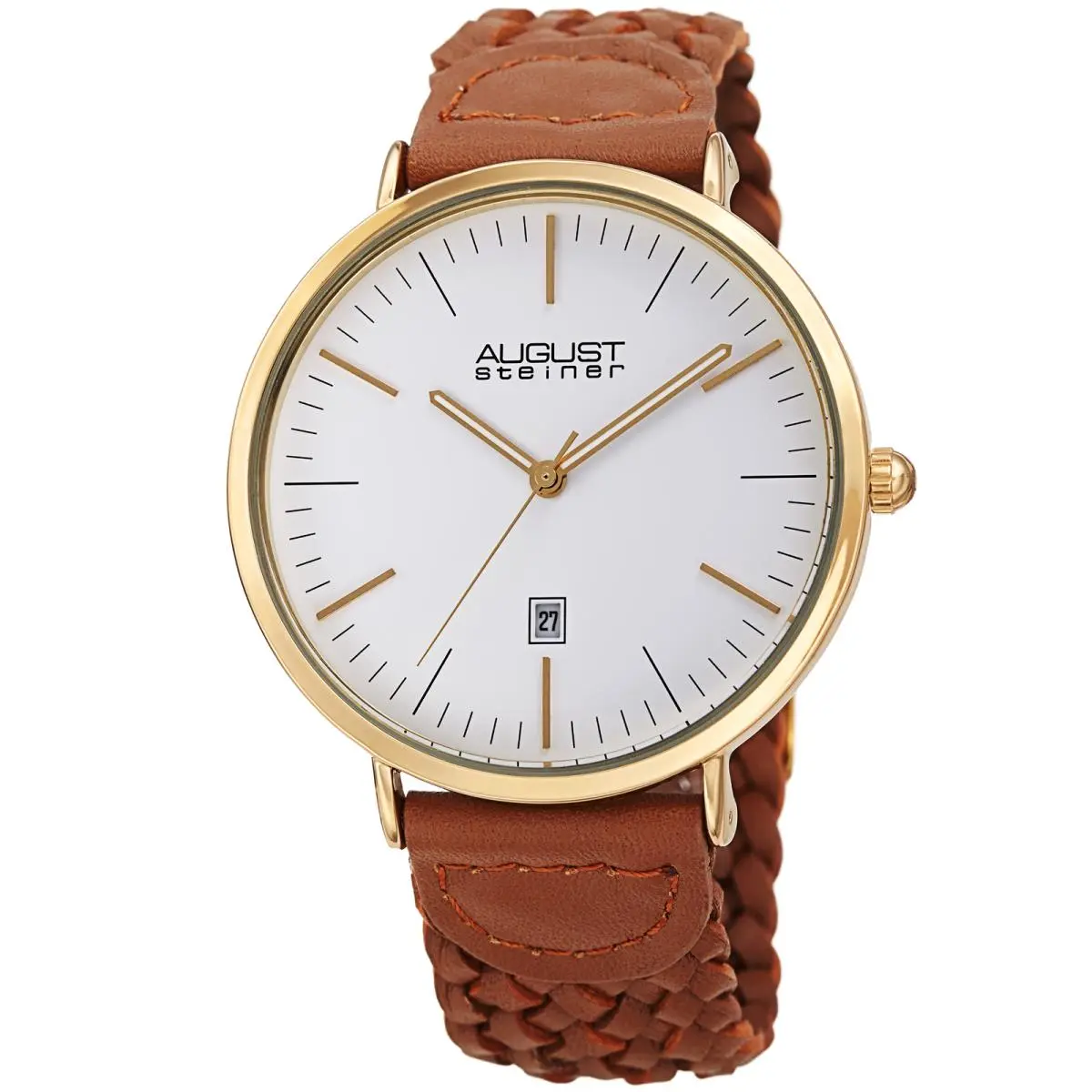 Men`s AS8293 Quartz Slim Date Braided Leather Strap Watch Tan by August Steiner