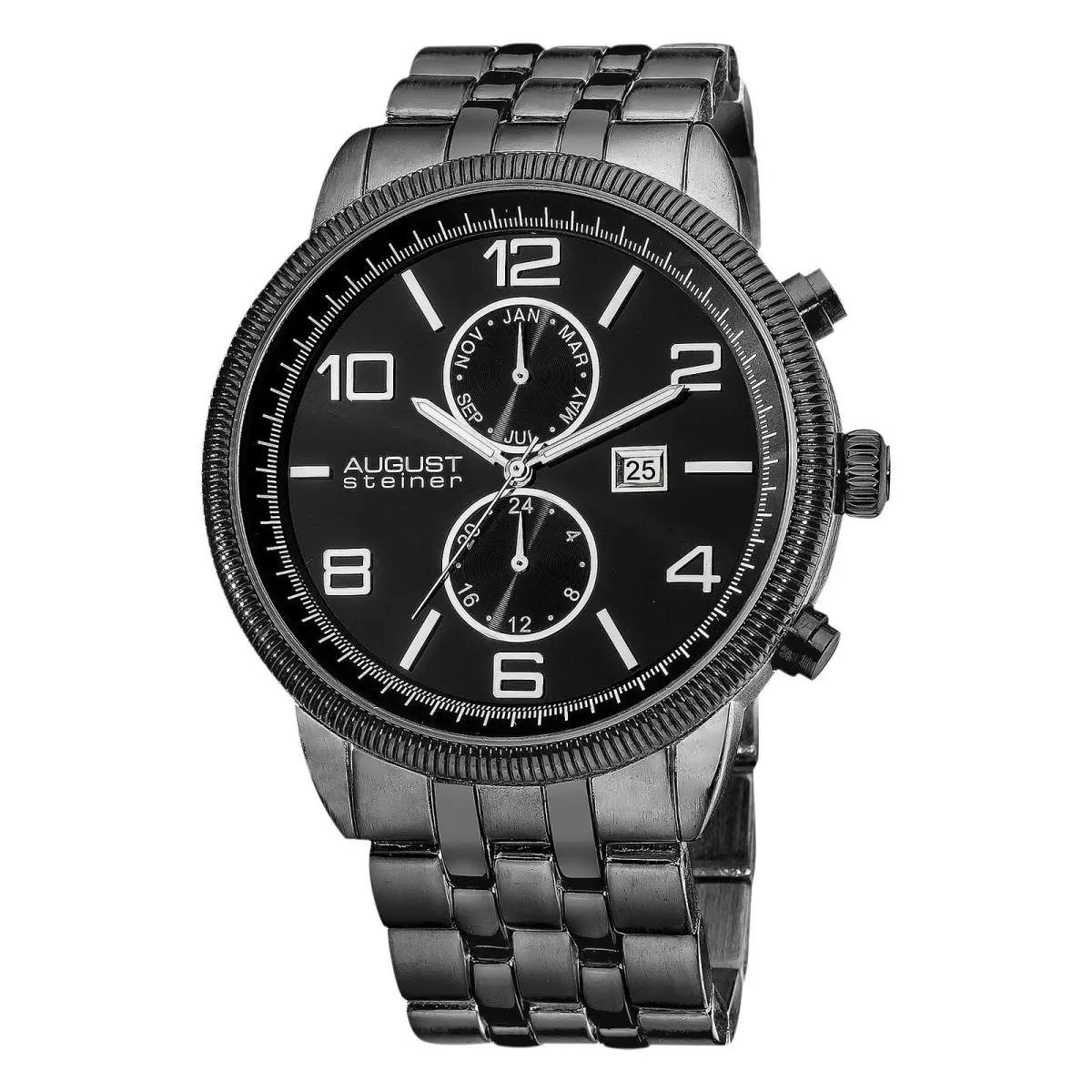Men`s  AS8069 Swiss Quartz Multifunction Coin Edge Bezel Watch Black by August Steiner