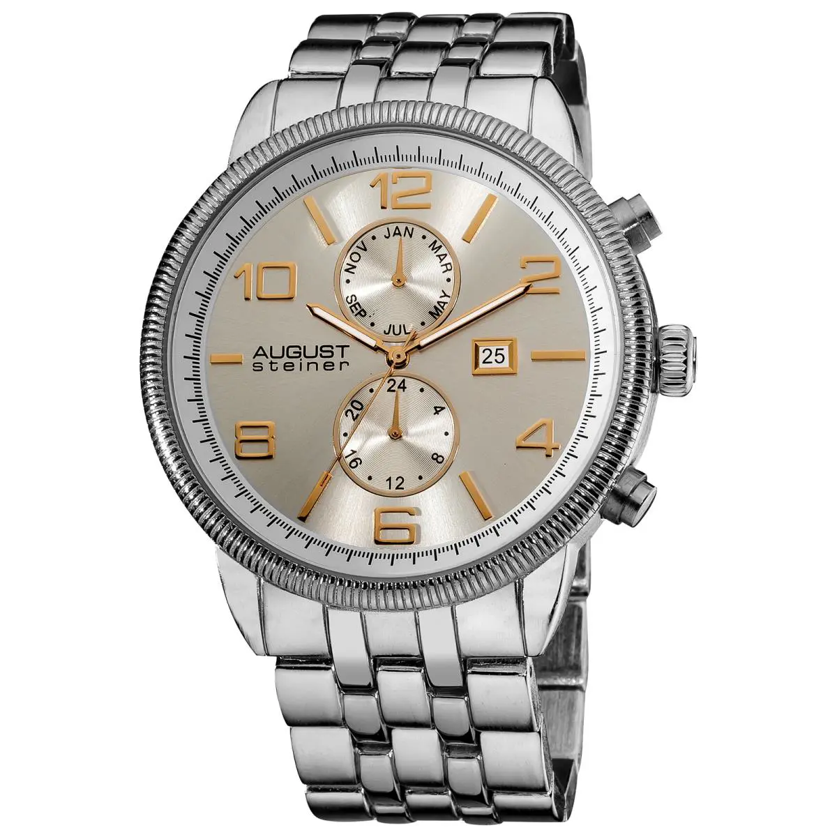 Men`s  AS8069 Swiss Quartz Multifunction Coin Edge Bezel Watch Stainless Streel by August Steiner