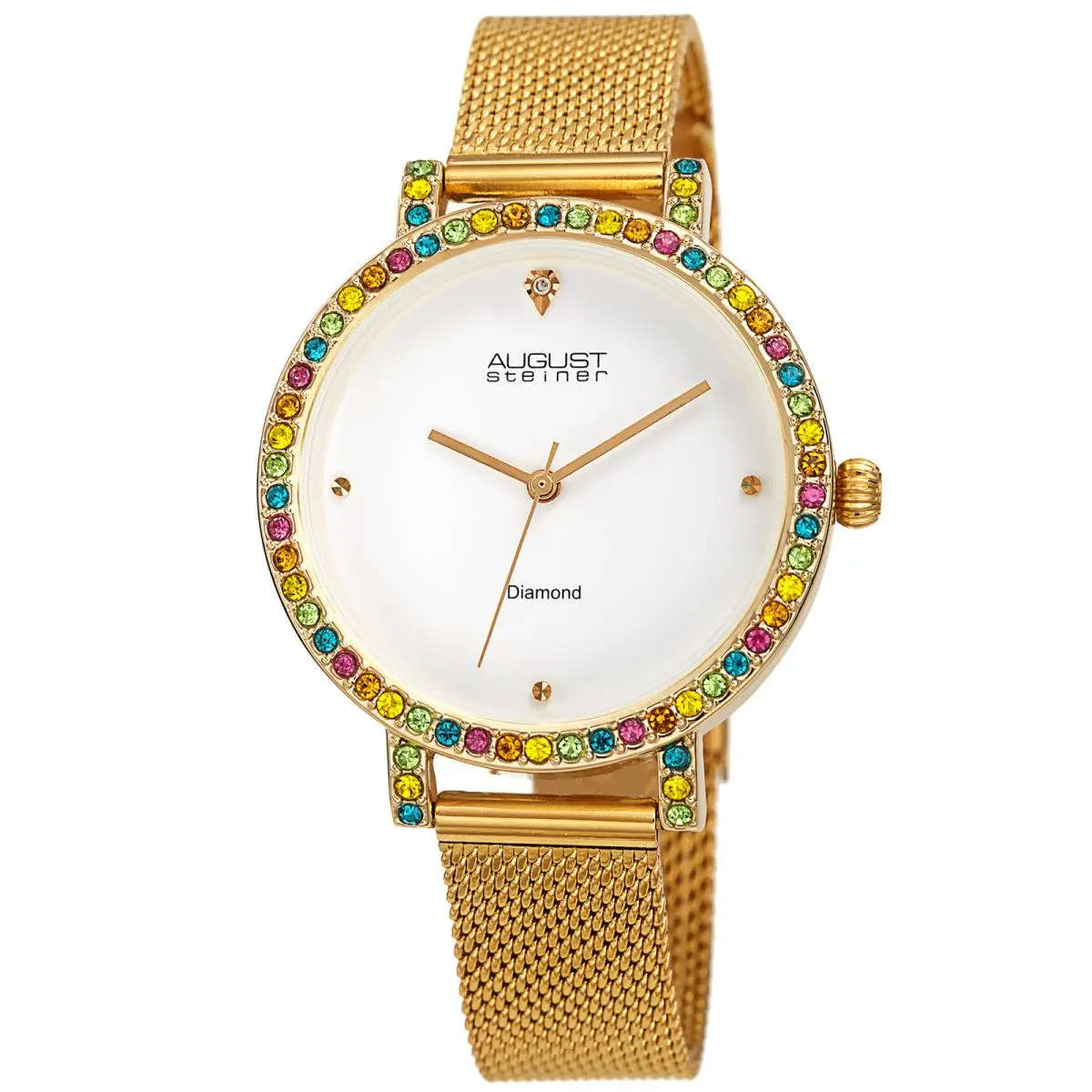 Women`s AS8281 Diamond Crystals Stainless Steel Mesh Band Watch Gold Tone by August Steiner