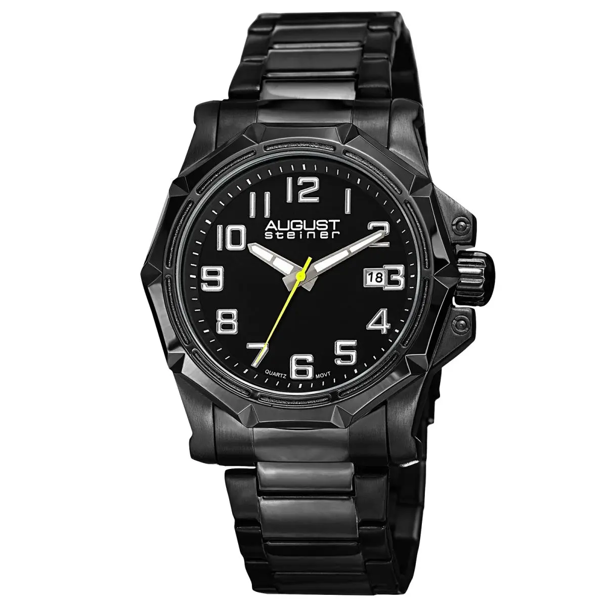 Men`s  AS8184 Quartz Movement Date Link Bracelet Watch Black on Black by August Steiner