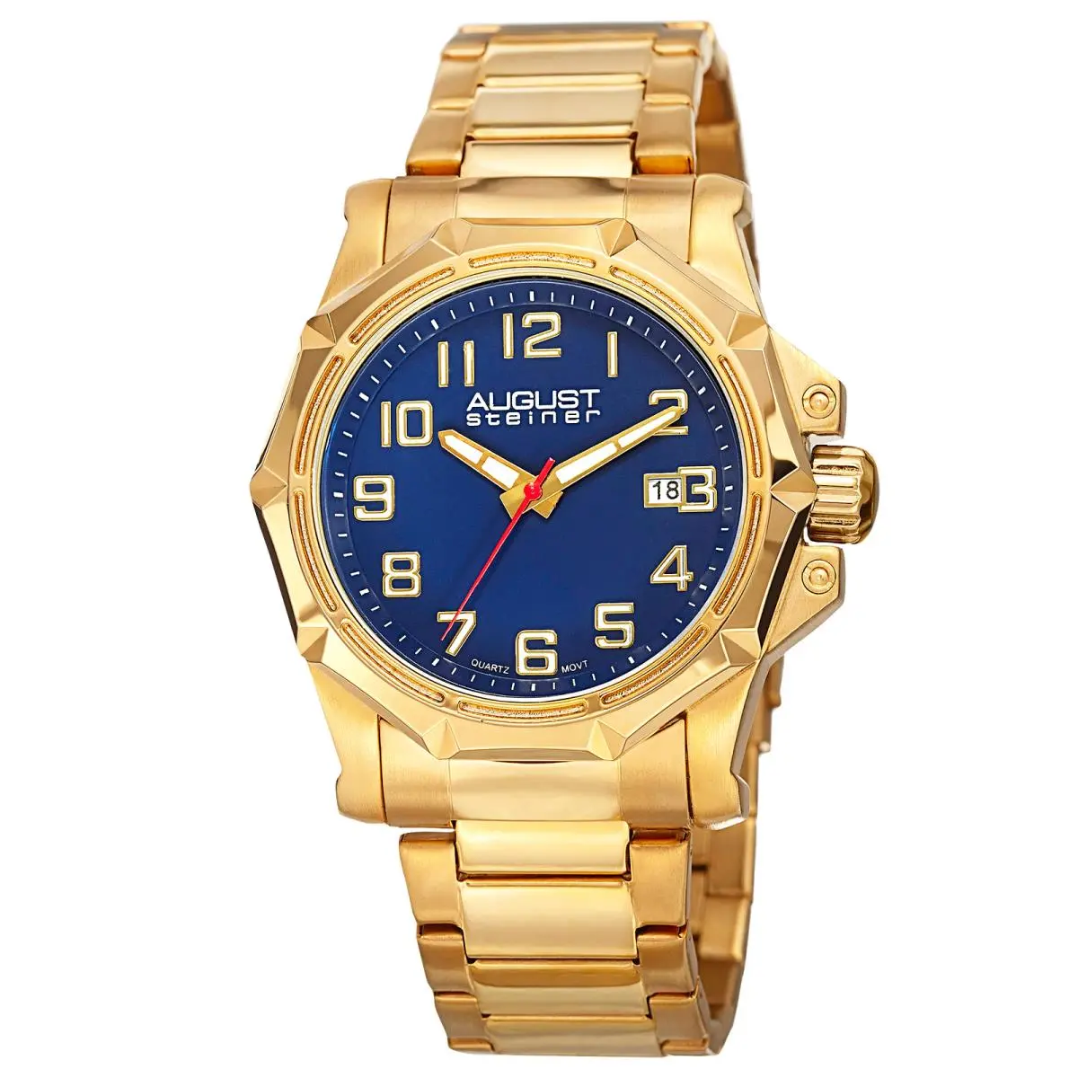 Men`s  AS8184 Quartz Movement Date Link Bracelet Watch Gold on Blue by August Steiner