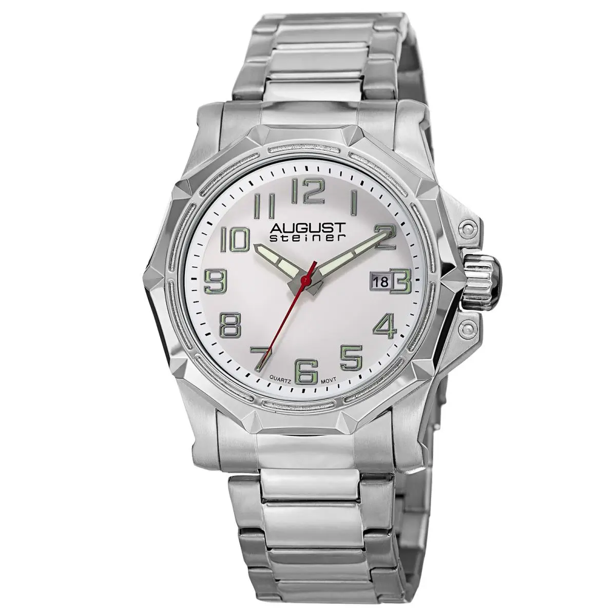 Men`s  AS8184 Quartz Movement Date Link Bracelet Watch Silver on White by August Steiner