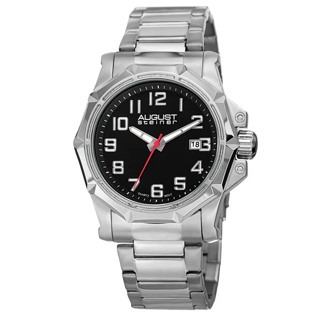Men`s  AS8184 Quartz Movement Date Link Bracelet Watch Sivler on Black by August Steiner