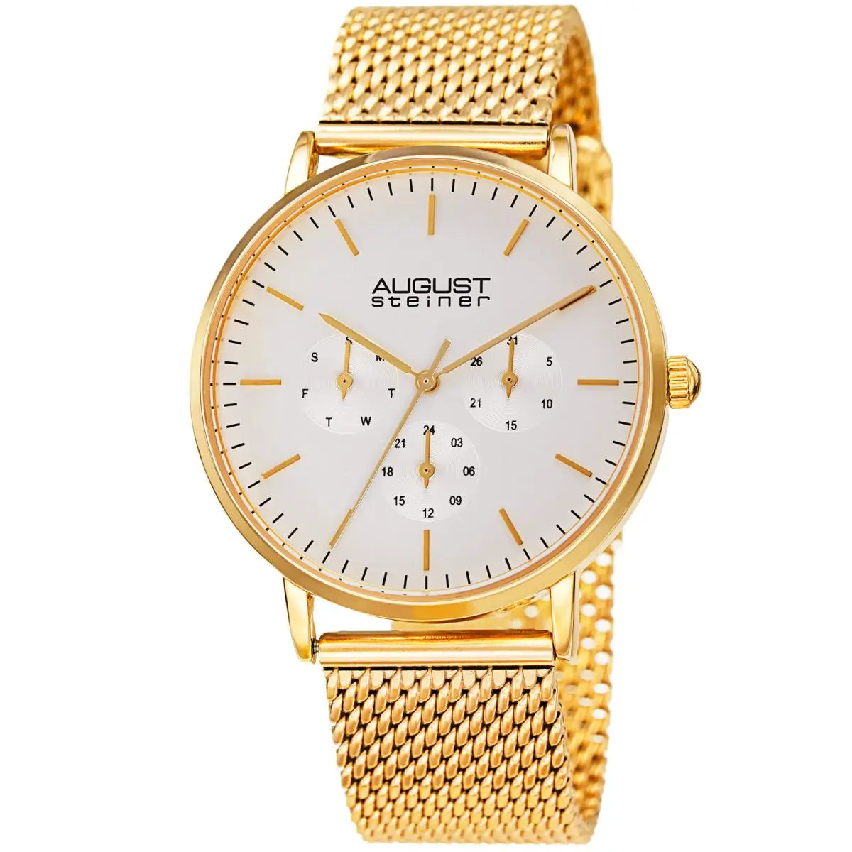 Model Men`s  AS8255 Multifunction Stainless Steel Mesh Watch Gold by August Steiner