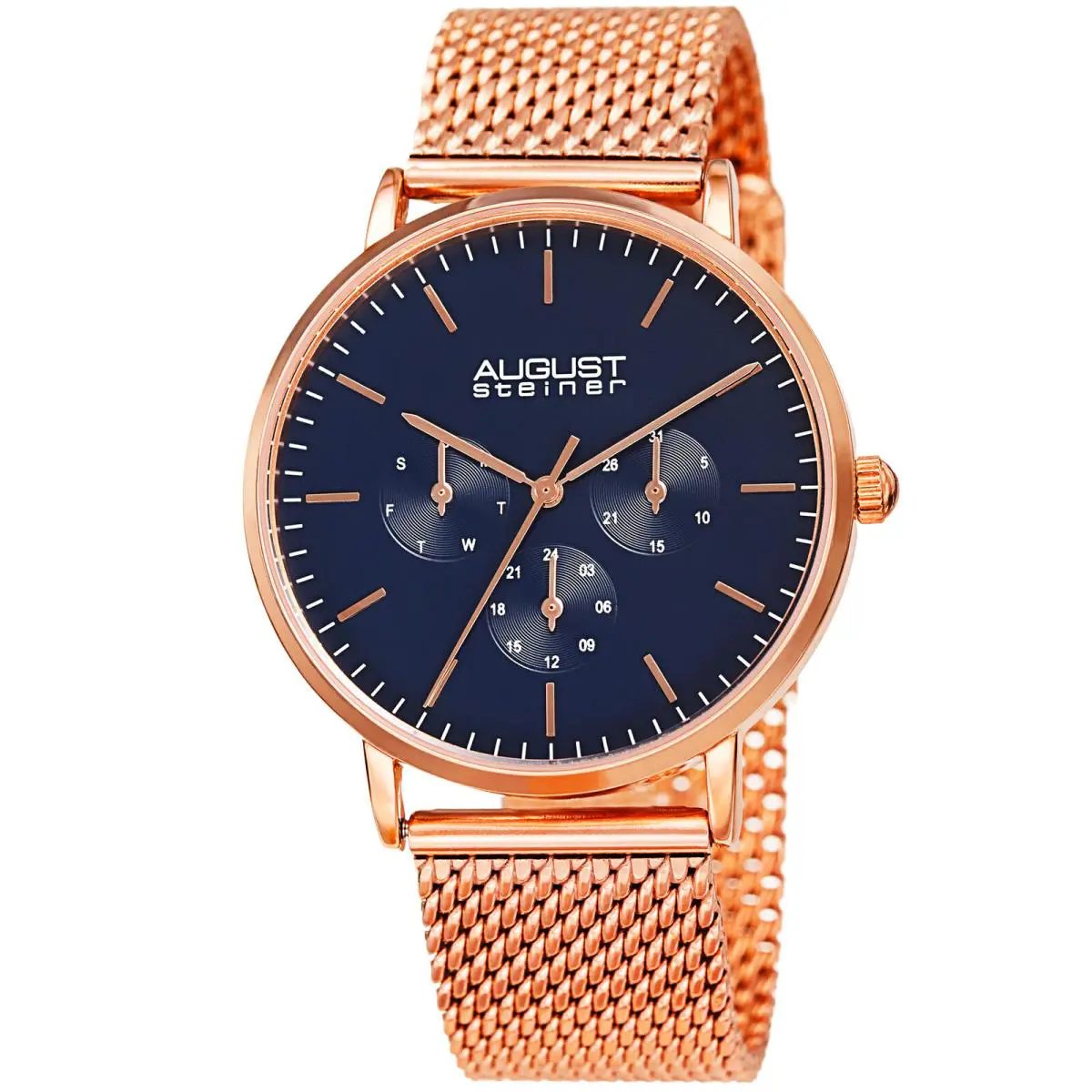 Model Men`s  AS8255 Multifunction Stainless Steel Mesh Watch Rose Gold Blue by August Steiner