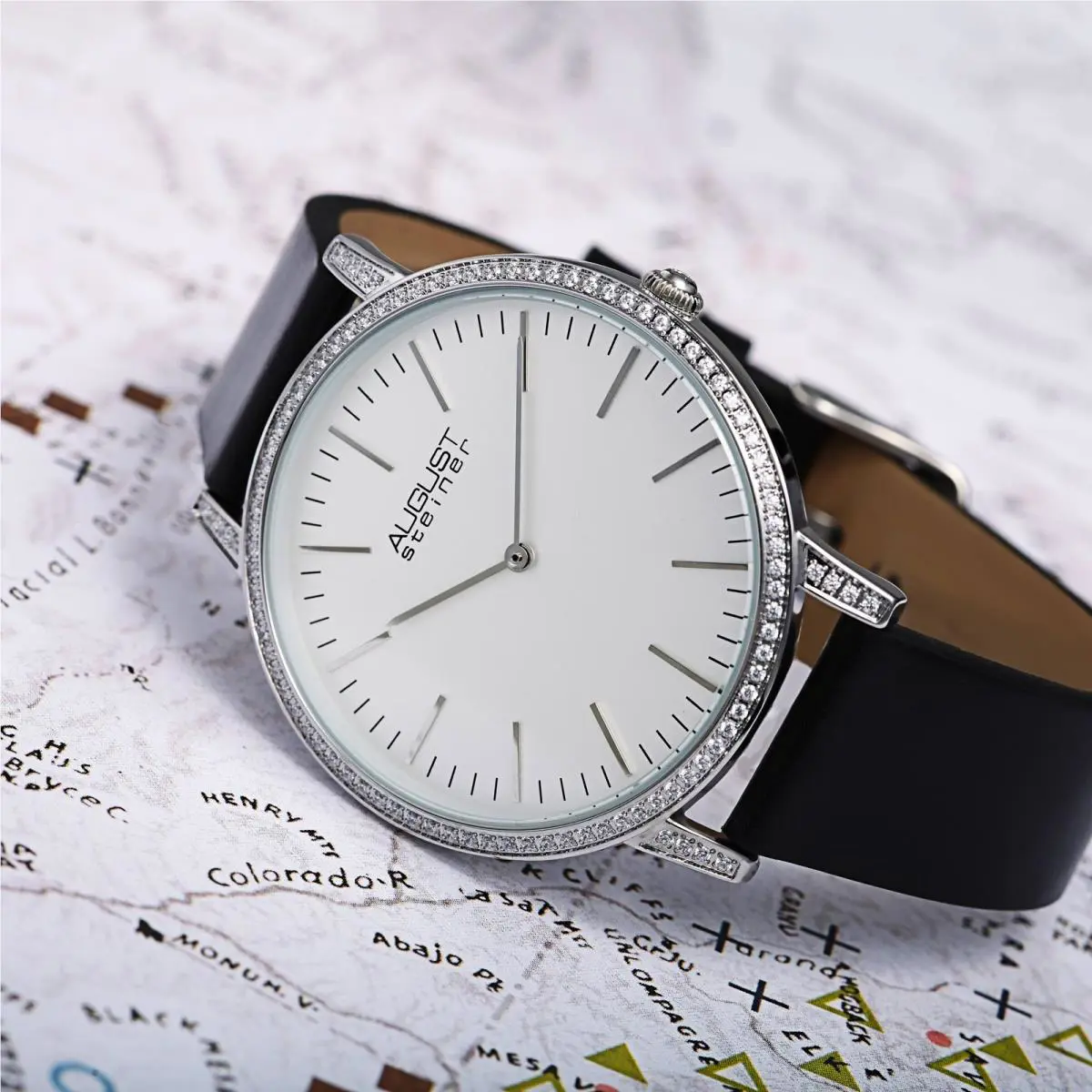 Men`s August Steiner AS8273 Quartz Crystal Bezel Leather Strap Watch