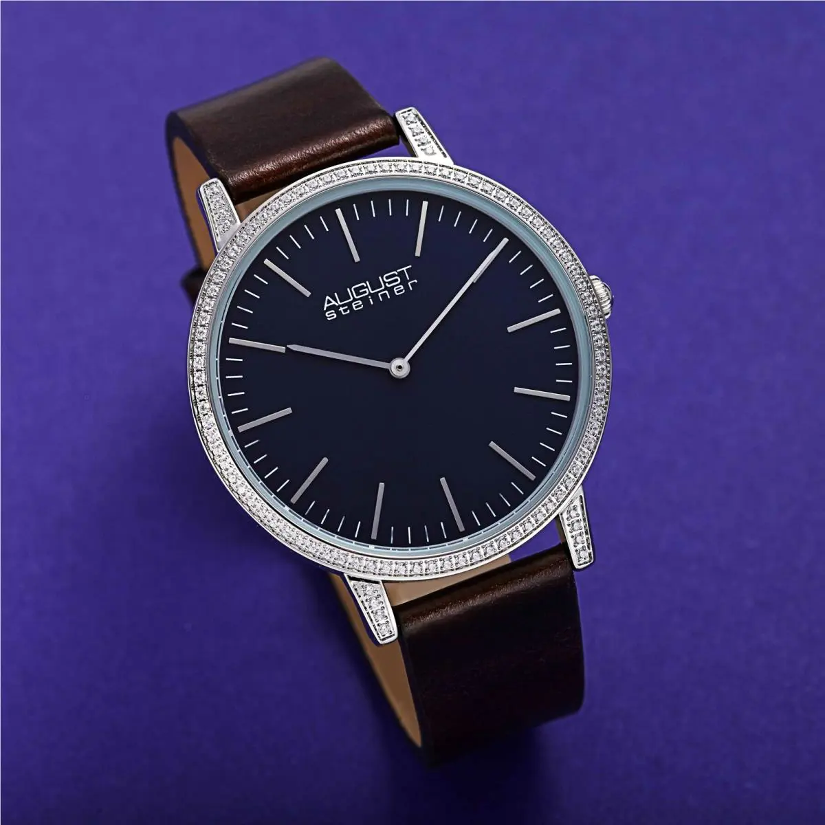 Men`s  AS8273 Quartz Crystal Bezel Leather Strap Watch Brown with Silver by August Steiner