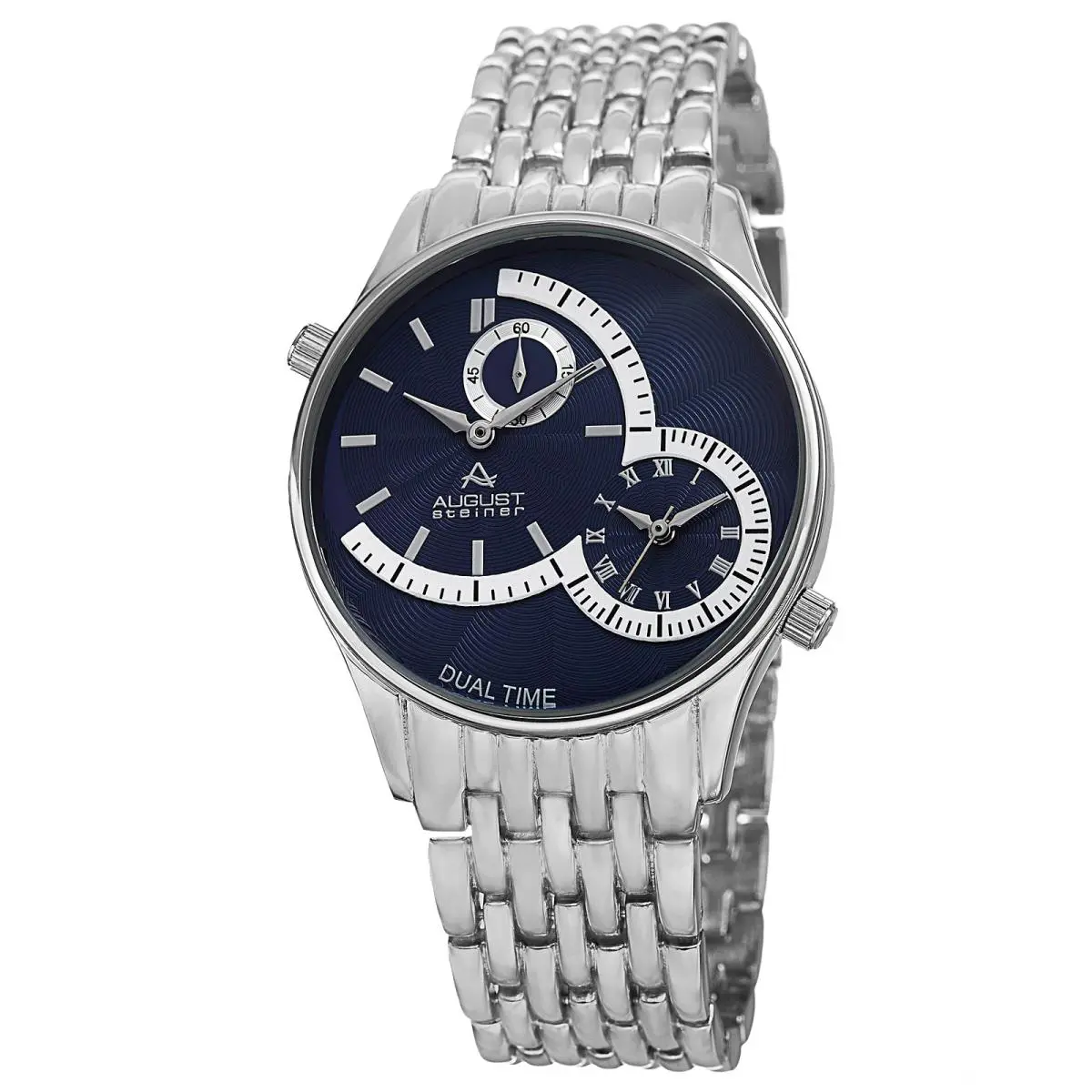 Men`s  AS8141 Quartz Dual Time Stamped Dial Metal Bracelet Watch Blue by August Steiner