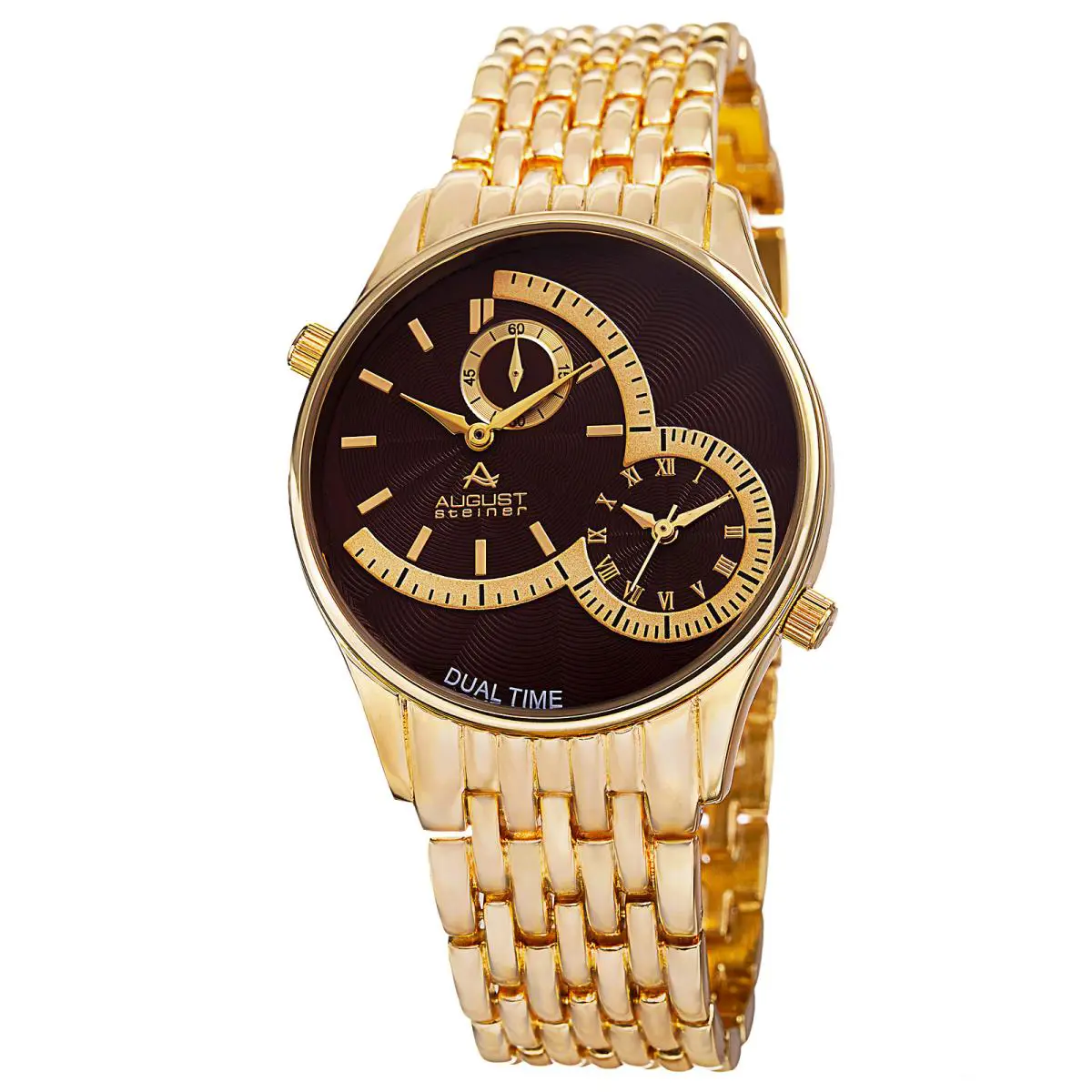 Men`s  AS8141 Quartz Dual Time Stamped Dial Metal Bracelet Watch Gold by August Steiner