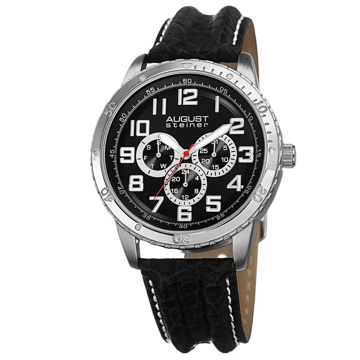 Men`s  AS8116 Quartz Multifunction Leather Strap Watch ,Black/ Silver by August Steiner