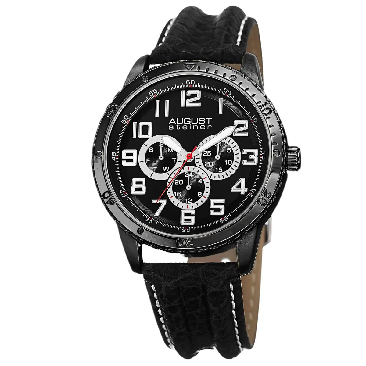 Men`s  AS8116 Quartz Multifunction Leather Strap Watch Black by August Steiner