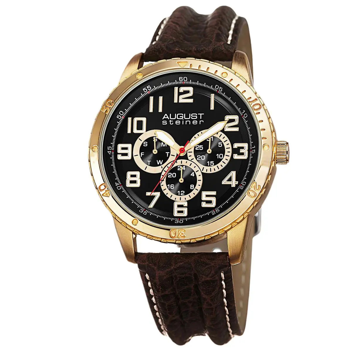 Men`s  AS8116 Quartz Multifunction Leather Strap Watch Brown/ Gold by August Steiner