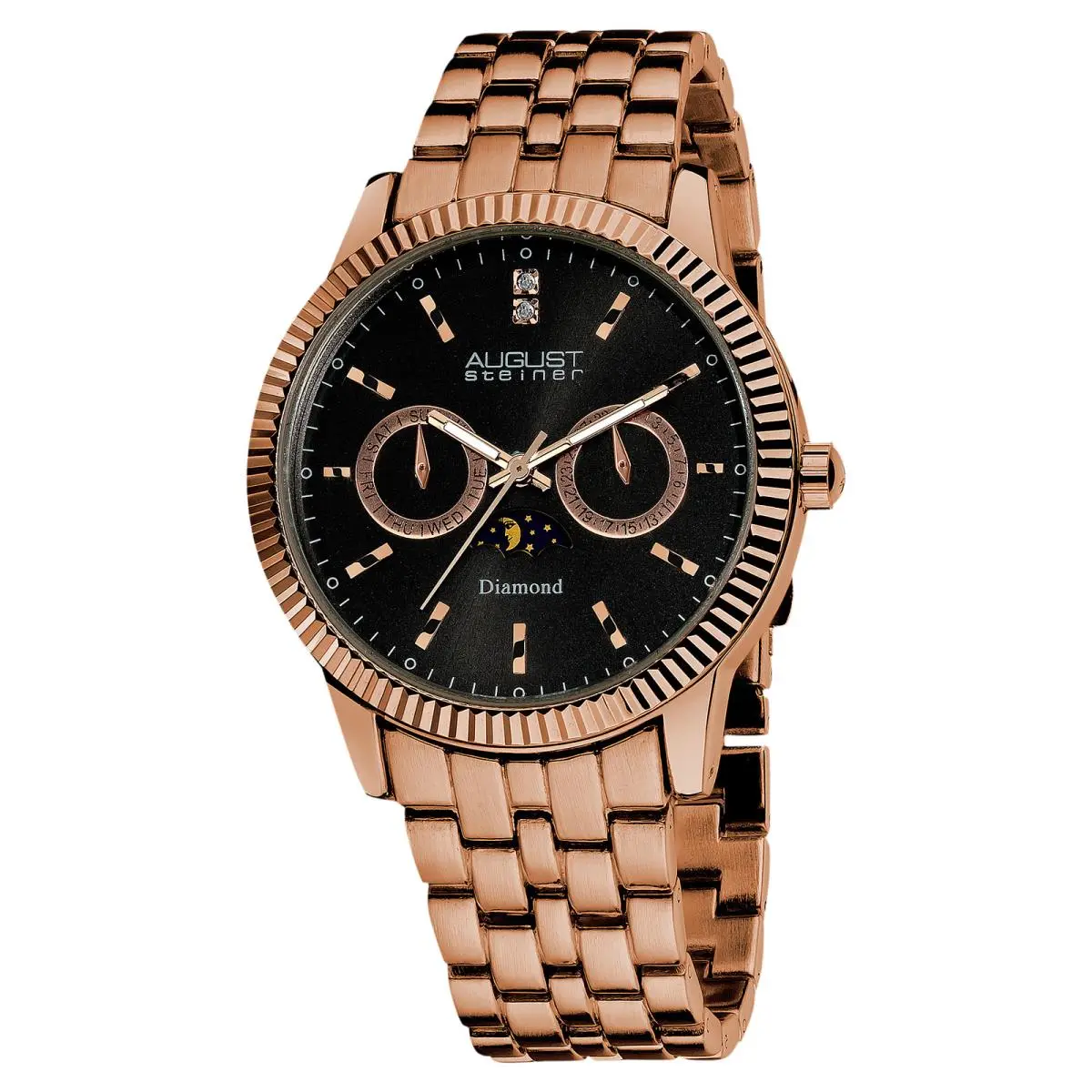 Men`s  AS8050 Multifunction Date Day Moon Phase Diamond Watch Rose Tone by August Steiner