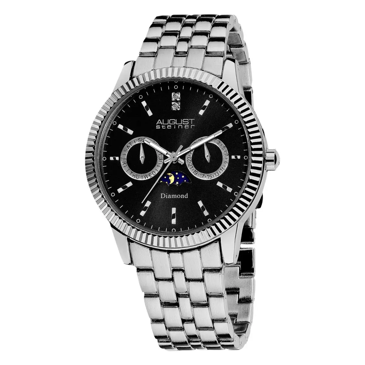 Men`s  AS8050 Multifunction Date Day Moon Phase Diamond Watch Silver Tone With Black Accents by August Steiner
