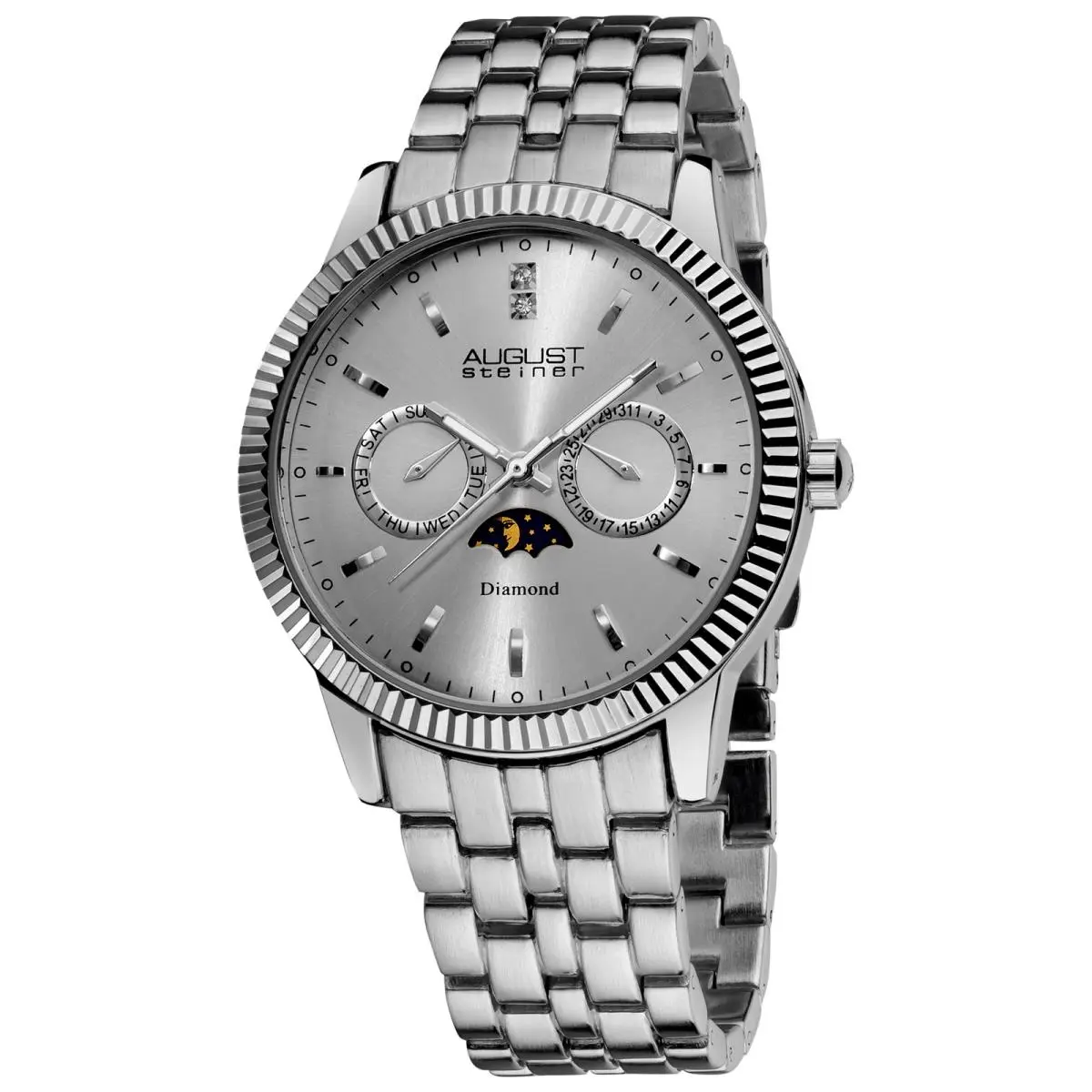 Men`s  AS8050 Multifunction Date Day Moon Phase Diamond Watch Silver Tone by August Steiner