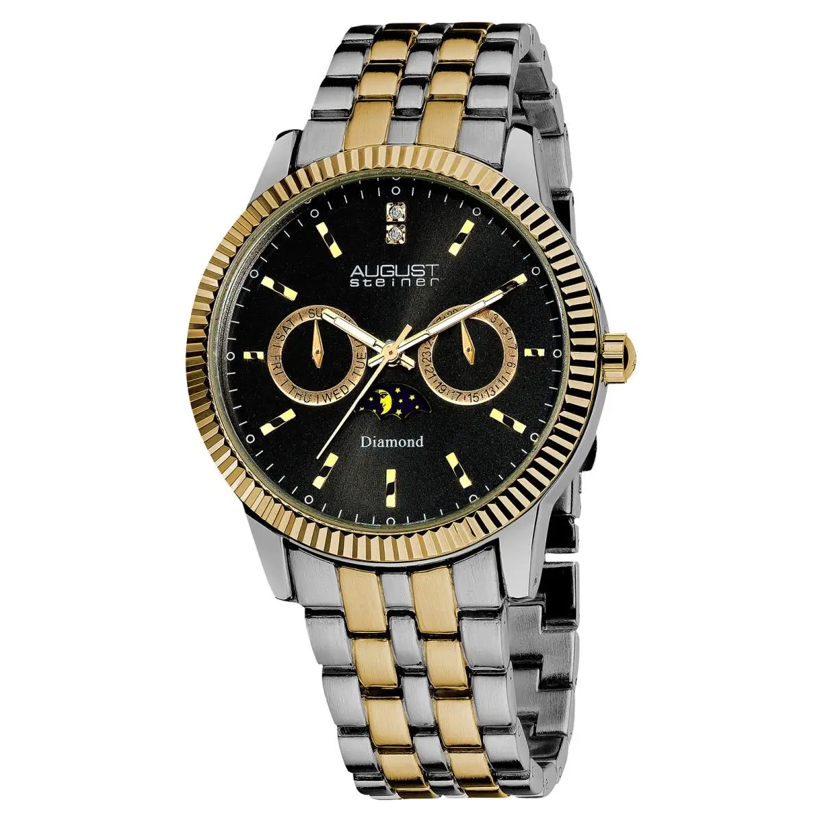 Men`s  AS8050 Multifunction Date Day Moon Phase Diamond Watch silver with gold tones by August Steiner