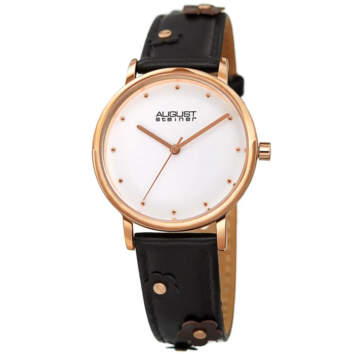Women`s  AS8260 Quartz Movement Leather Strap with Flowers Watch Black by August Steiner