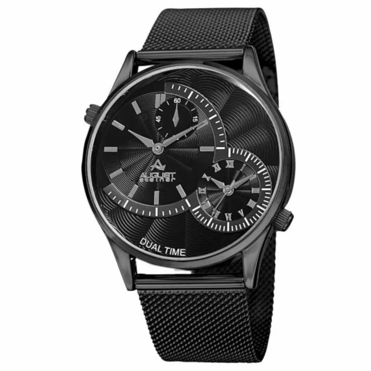 August Steiner AS8168BK Men`s Dual Time Black Guilloche Dial Mesh Band Watch