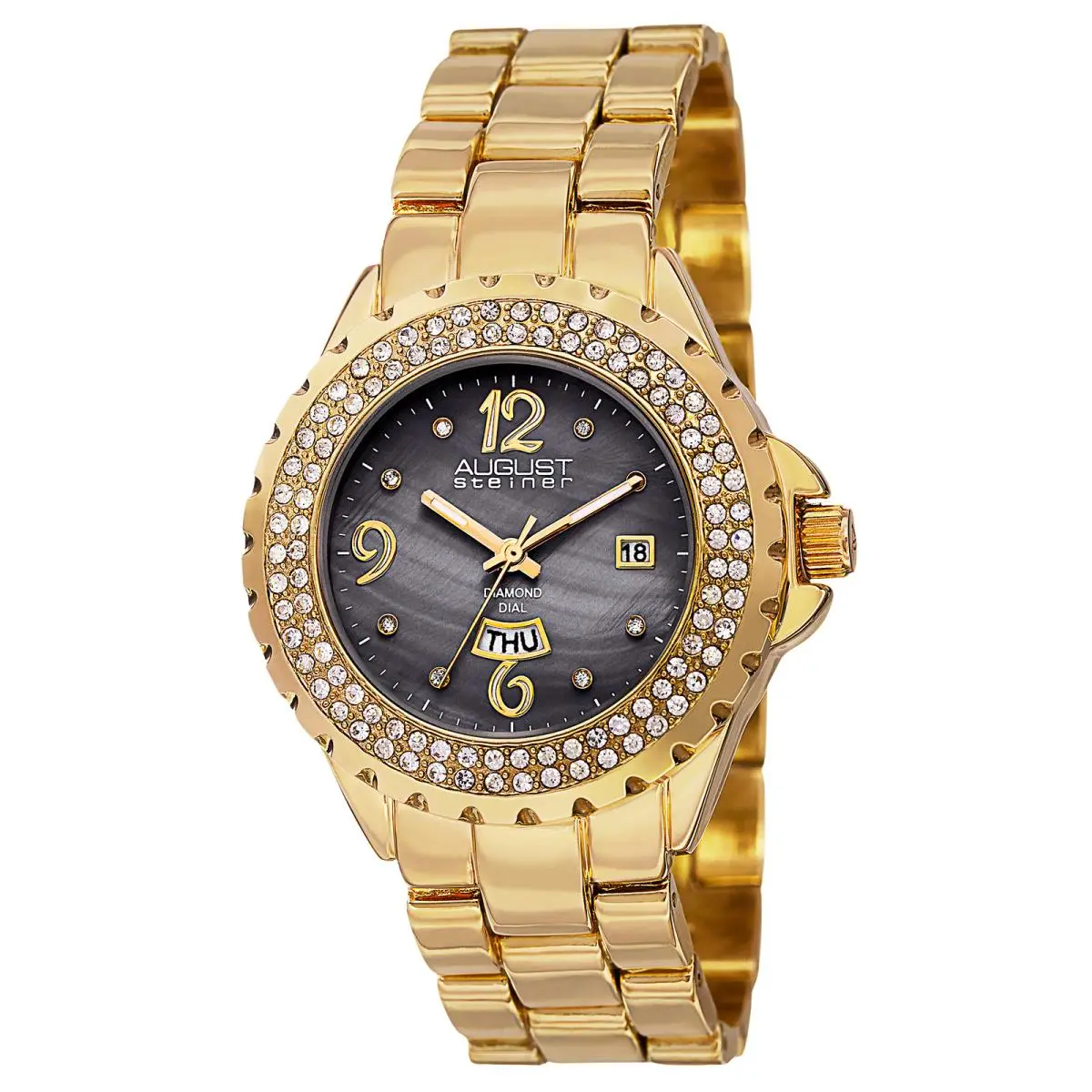 Women`s August Steiner AS8156YG Black Mop Day/date Diamond Dial Gold-tone Watch