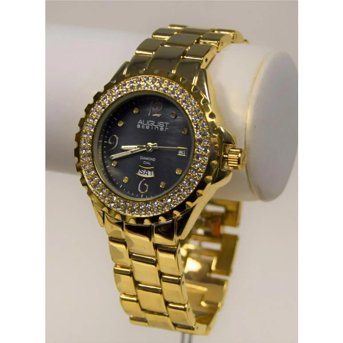 August Steiner AS8156YG Women`s Diamond/crystal Blk Dial Mop Bracelet Watch