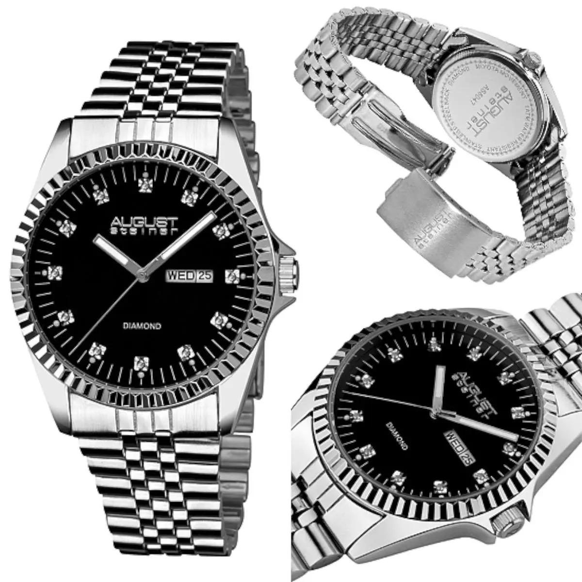 AS8047SS Men Diamond Fluted Steel Bezel Silver Bracelet Watch by August Steiner