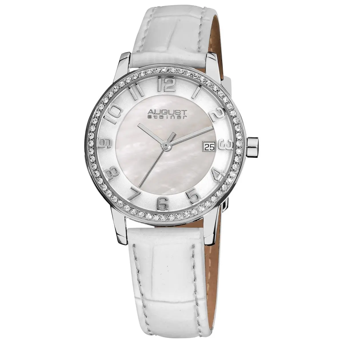 Women`s August Steiner AS8056WT Quartz Movement Crystal Bezel Date Leather Watch
