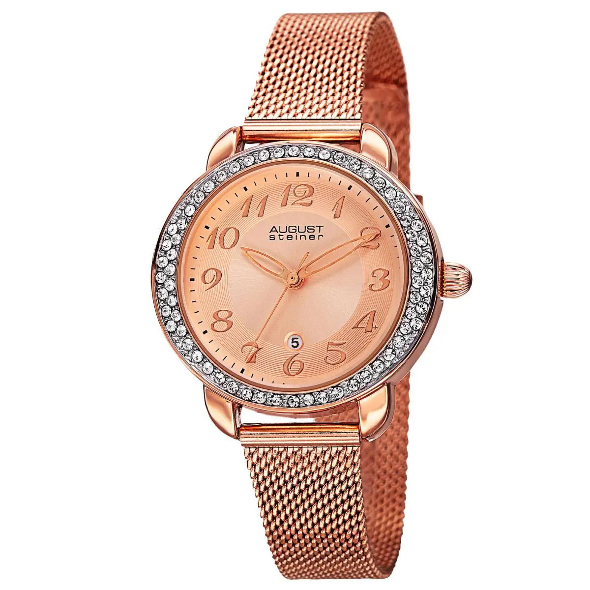 Women`s  AS8192RG Crystal Bezel Date Mesh Bracelet Quartz Watch by August Steiner