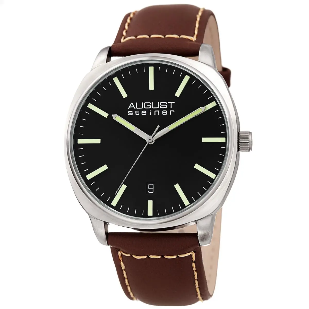Men`s August Steiner AS8245SSBR Brown Silver Tone Black Leather Strap Watch