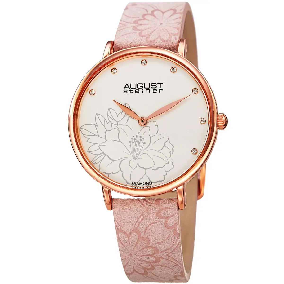 Women`s  AS8242BL Diamond Dial Quartz Flower Embossed Strap Watch by August Steiner