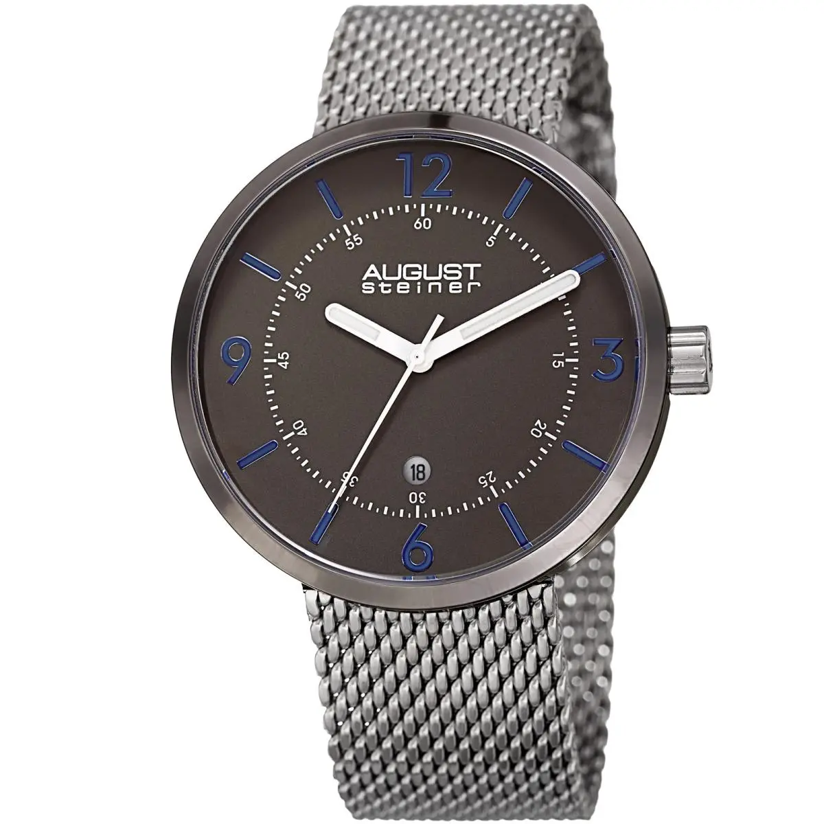 Men`s  AS8204SSBN Quartz Movement Date Steel Mesh Bracelet Watch by August Steiner