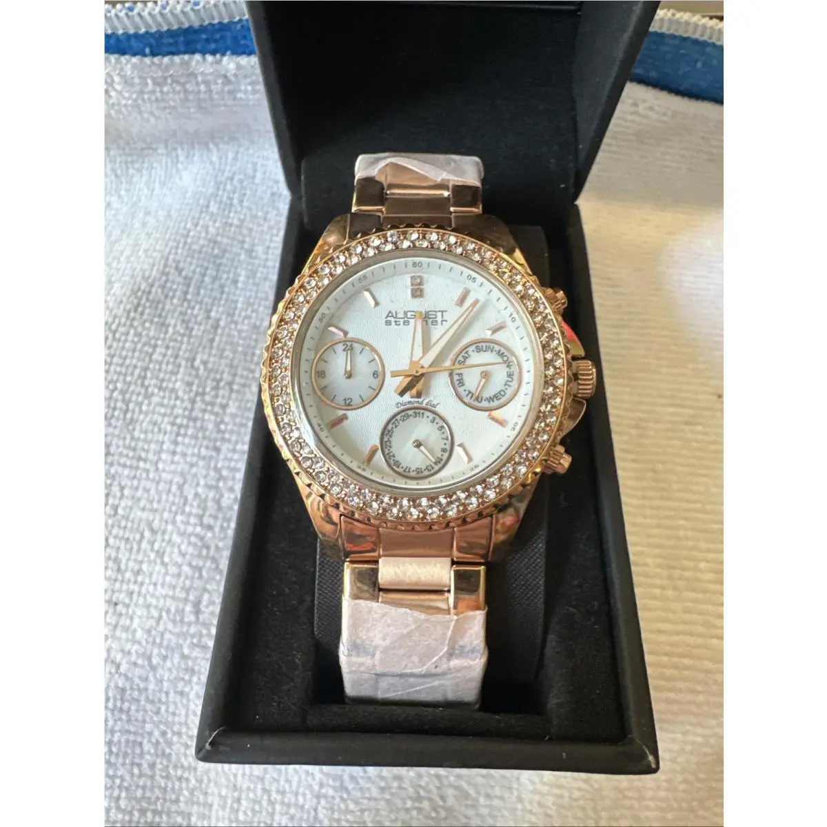 Women`s August Steiner AS8100 Crystal Bezel Chrono Day Date 24 Hrs Watch