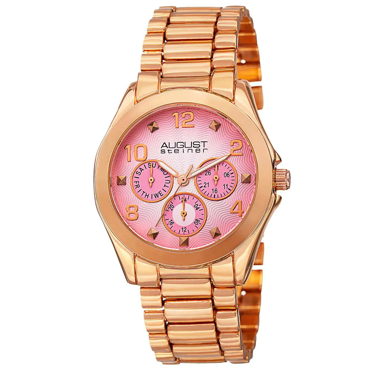 Women`s August Steiner AS8150RG Day/date Gmt Pink Dial Rose-tone Bracelet Watch